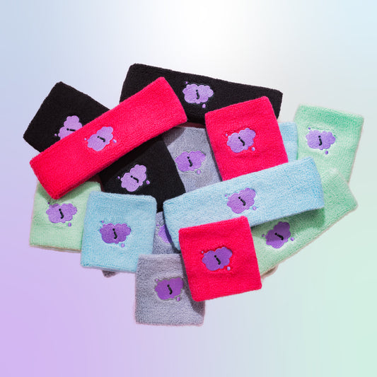 jellee headbands and wristbands in mint, blue, pink, black, and gray colors on a background